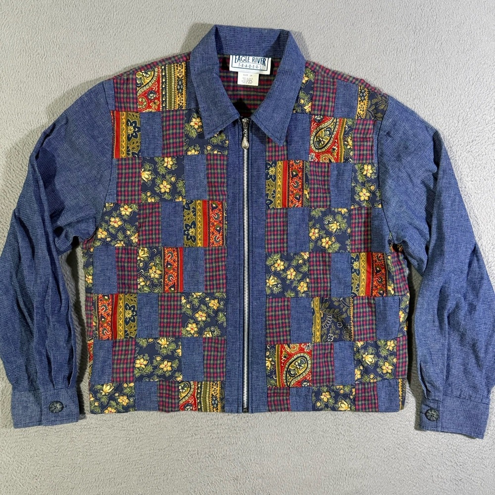 Vintage Blue Denim Jean Jacket Embroidered Boho Patchwork Color Coat 14 USA Made